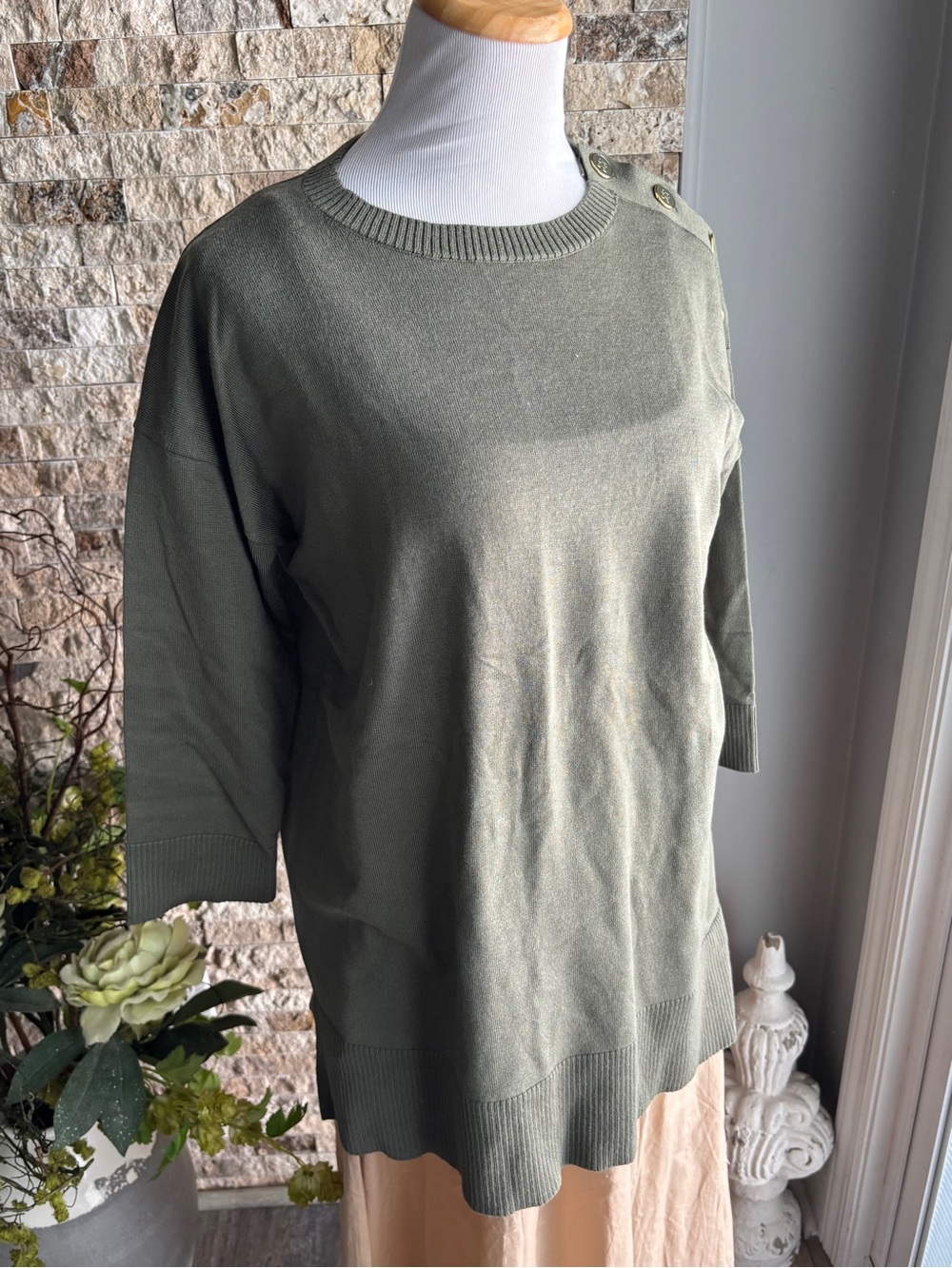Cable & Gauge Olive Crewneck Sweater with Shoulder Buttons